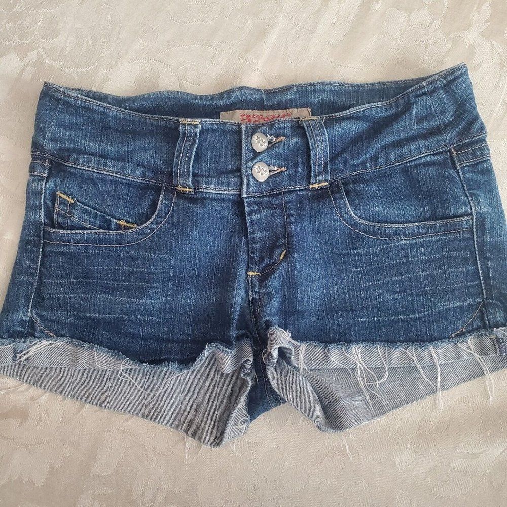 Wax Jeans Short Shorts Cut offs Double Button 5 Pocket Shaping Stretch Denim S